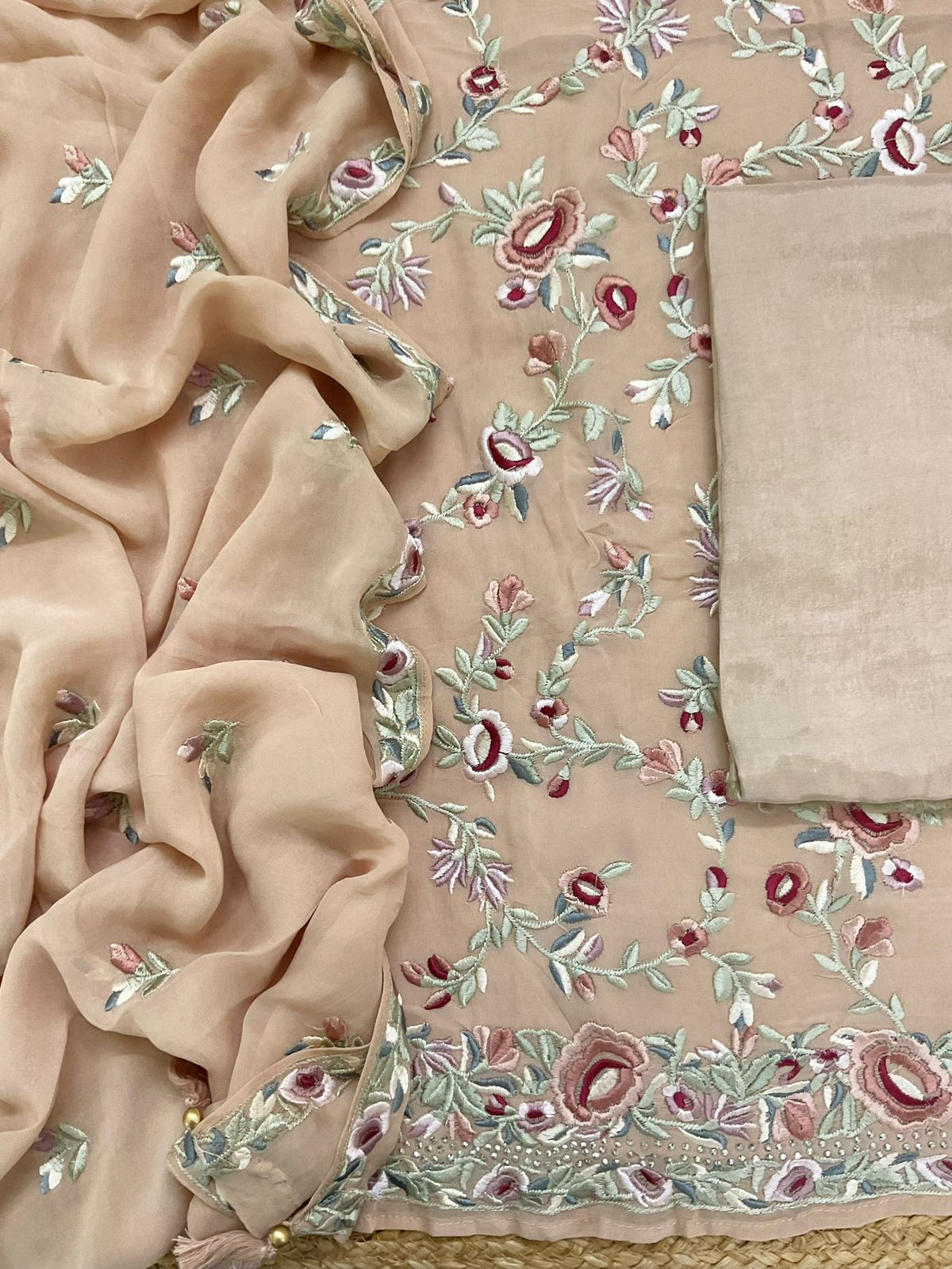 Pure Georgette Embroidered Suit - Beige