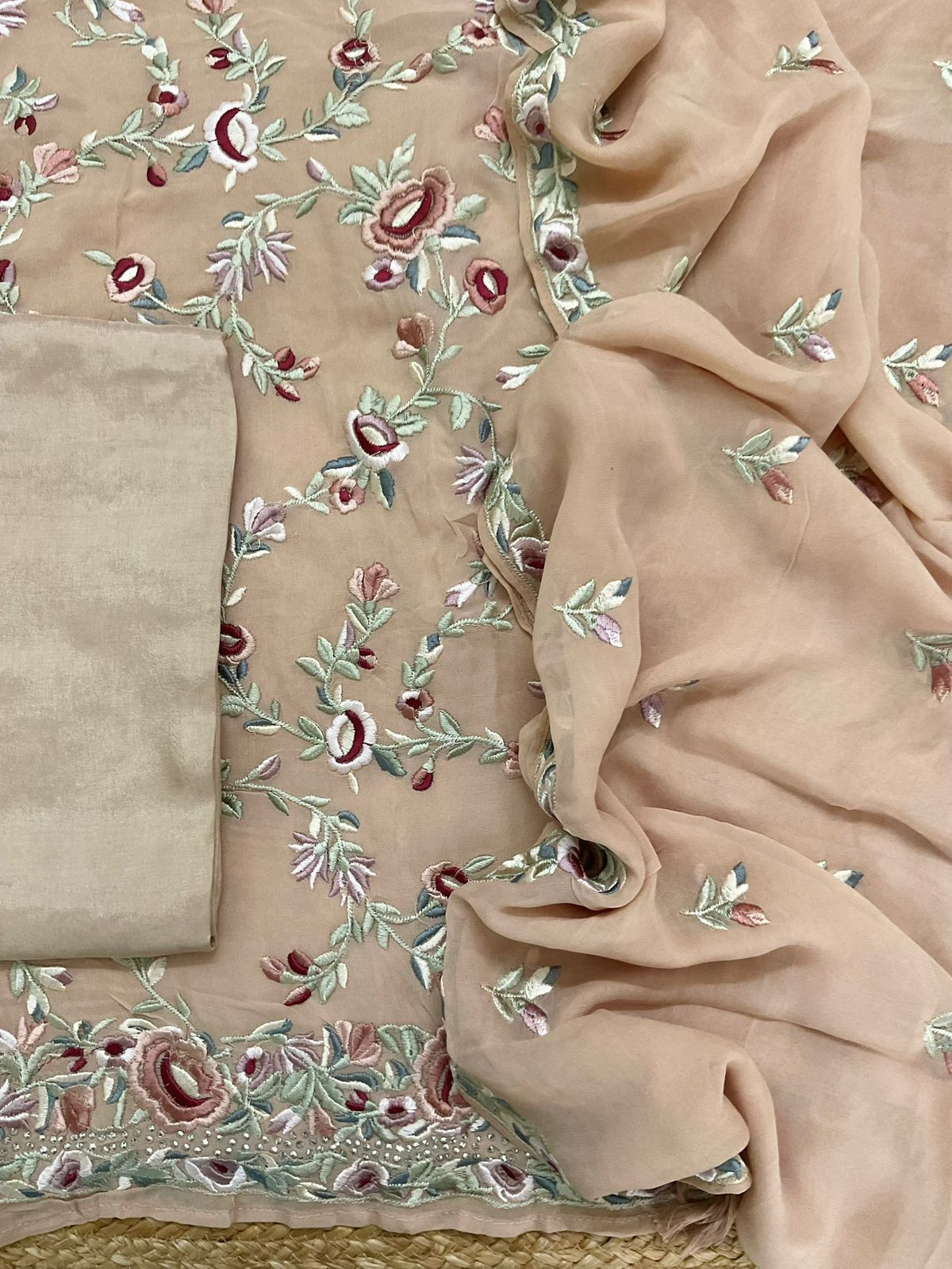 Pure Georgette Embroidered Suit - Beige