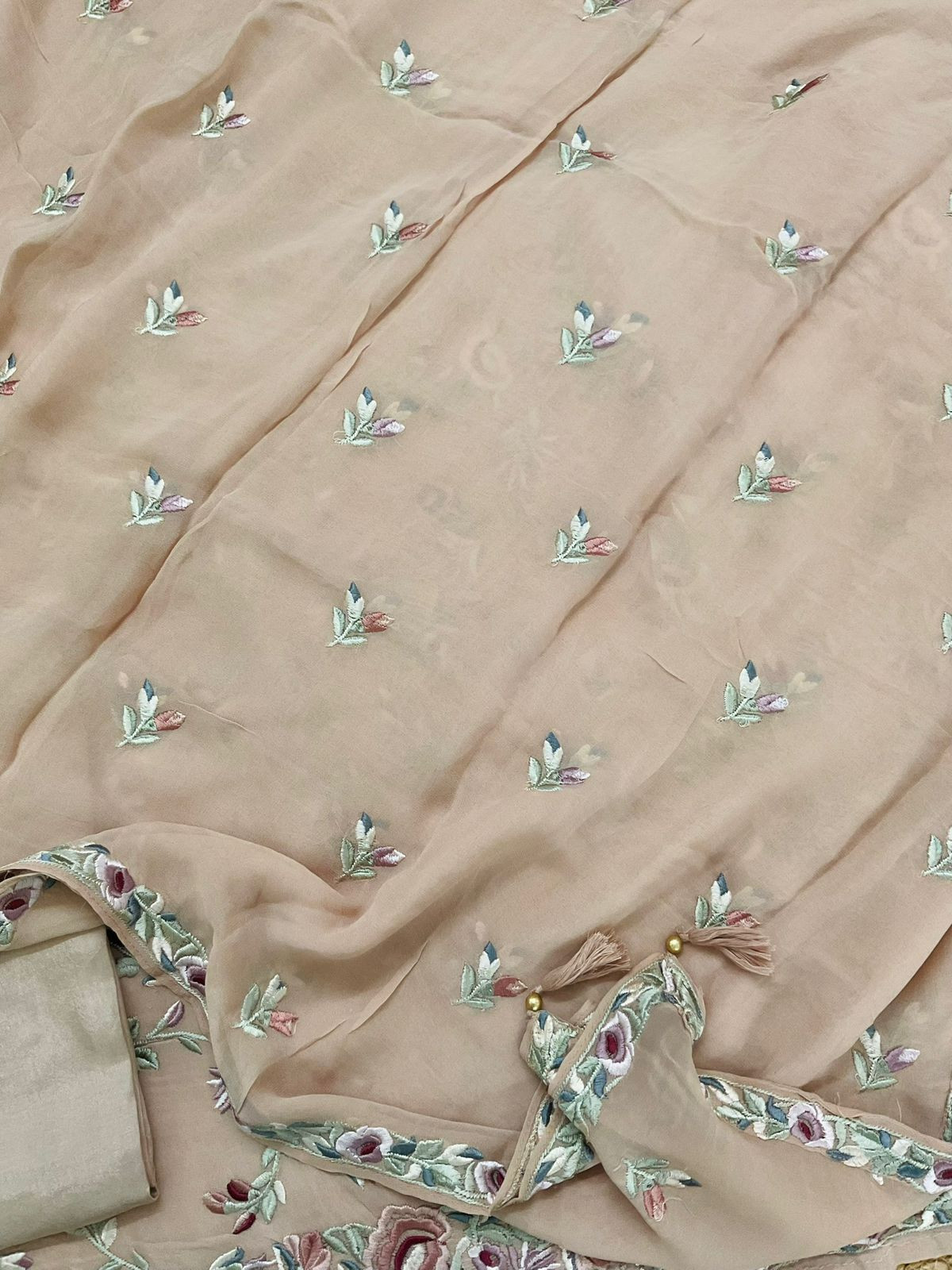 Pure Georgette Embroidered Suit - Beige