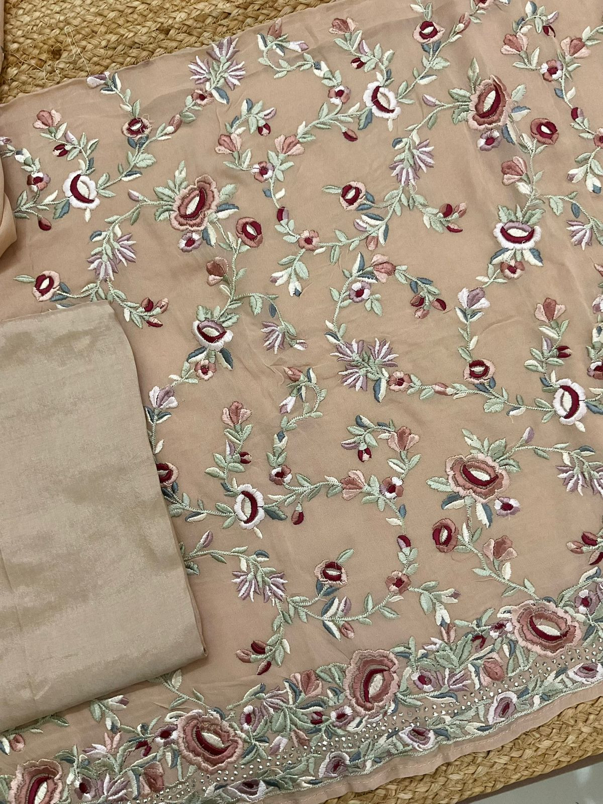 Pure Georgette Embroidered Suit - Beige