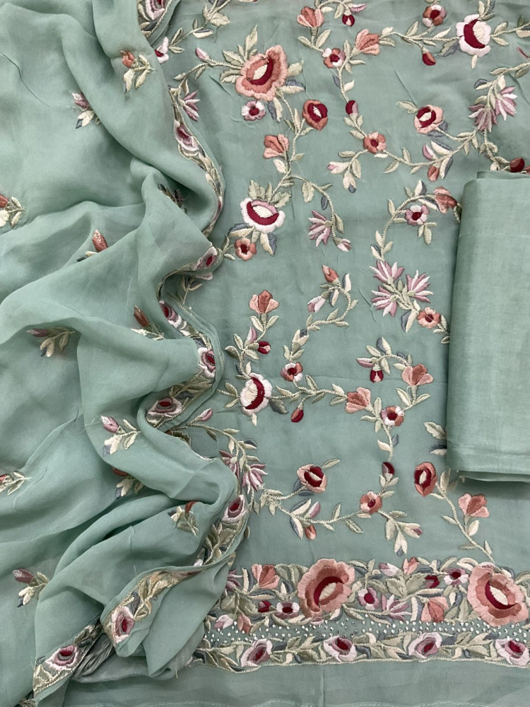 Image of Pure Georgette Embroidered Suit - Green