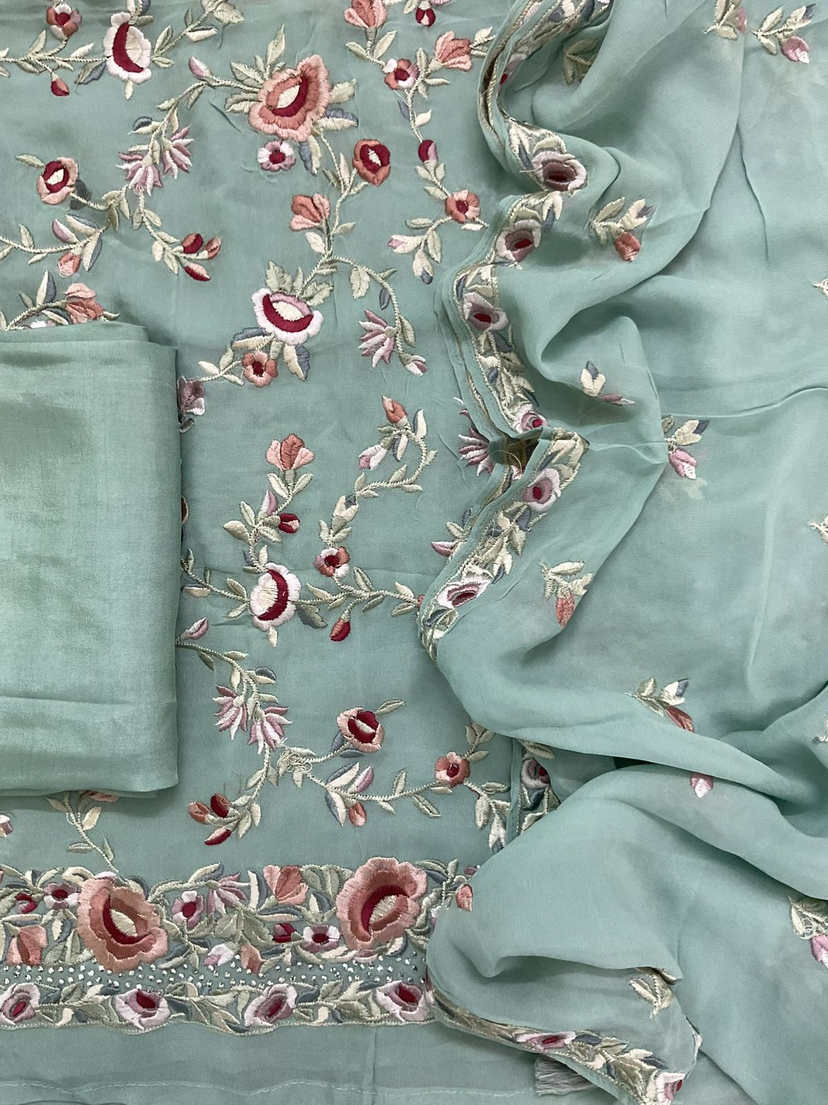 Pure Georgette Embroidered Suit - Green