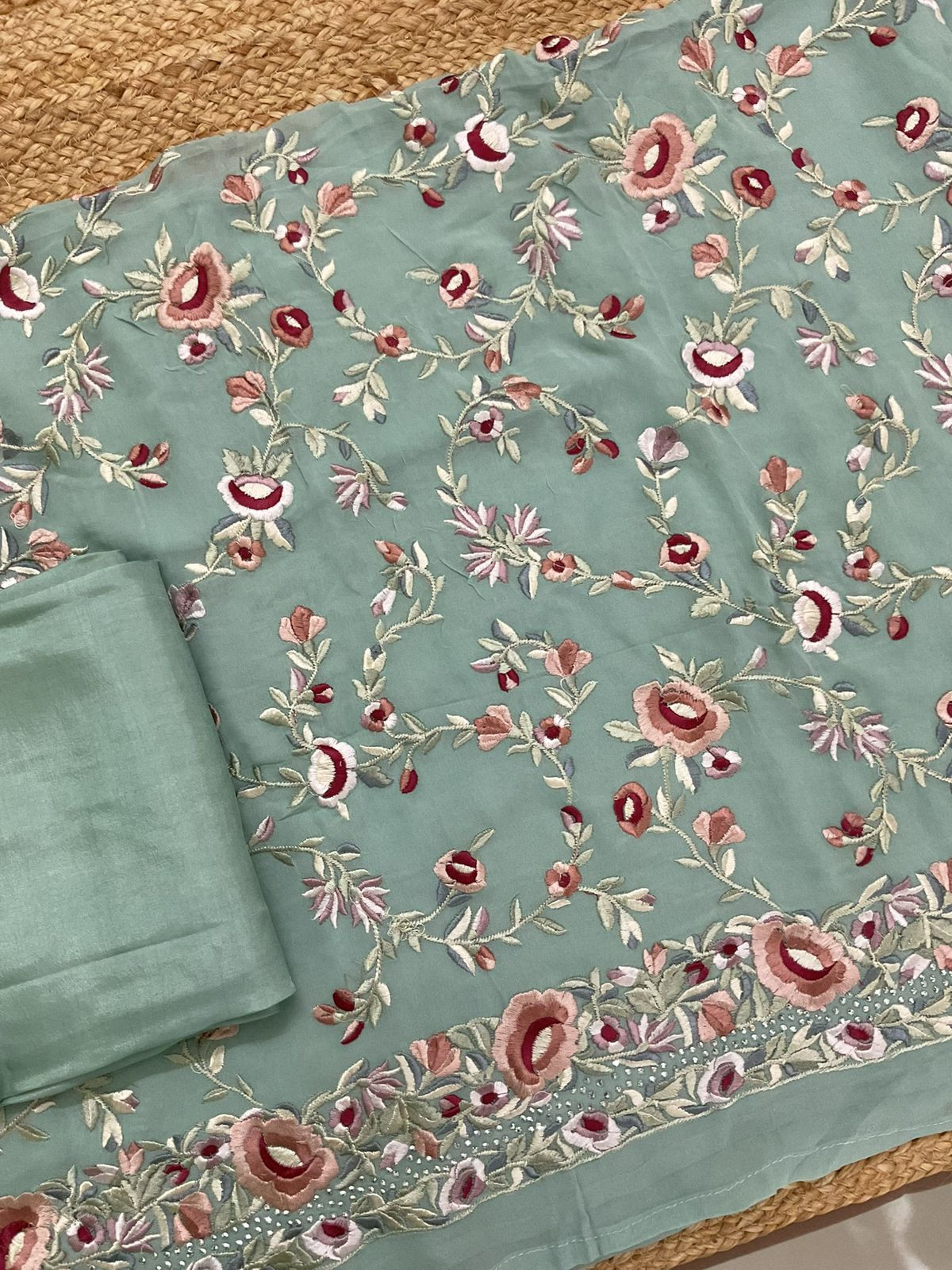 Pure Georgette Embroidered Suit - Green
