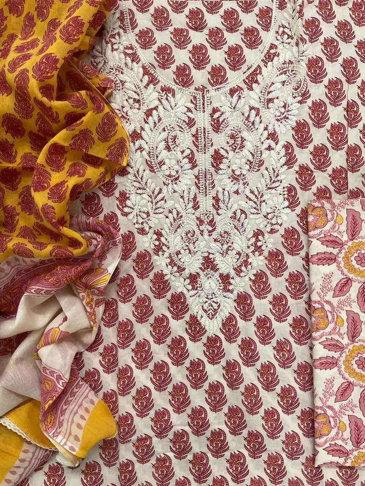 Image of Pure Cotton Printed Embroidered Suit - Cream