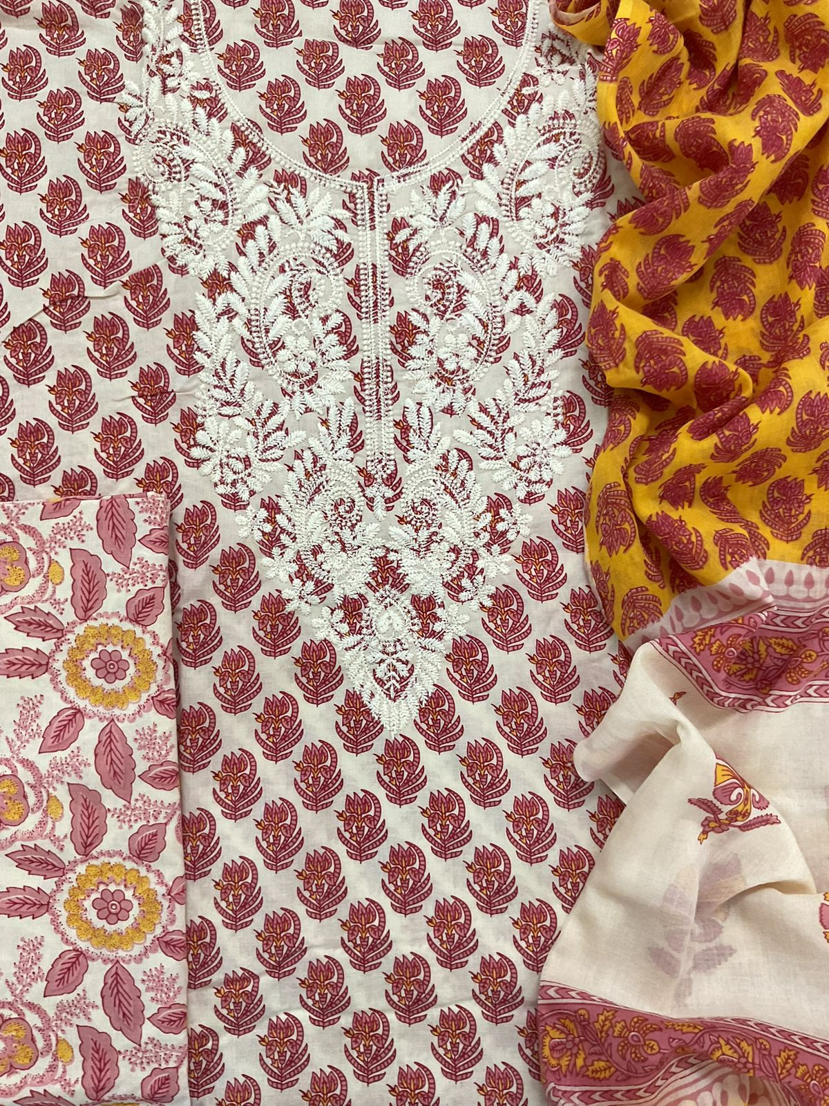 Pure Cotton Printed Embroidered Suit - Cream