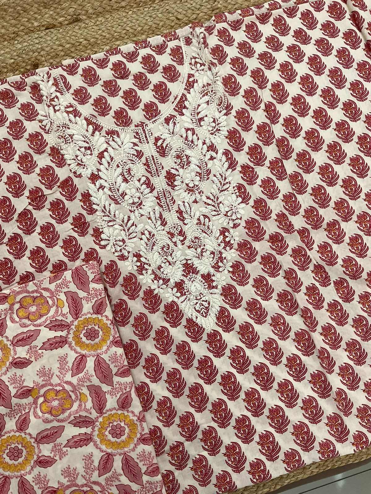 Pure Cotton Printed Embroidered Suit - Cream