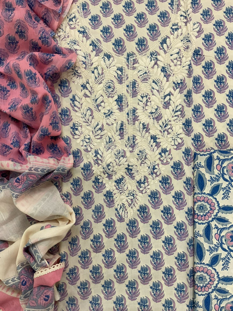 Image of Pure Cotton Printed Embroidered Suit - Cream
