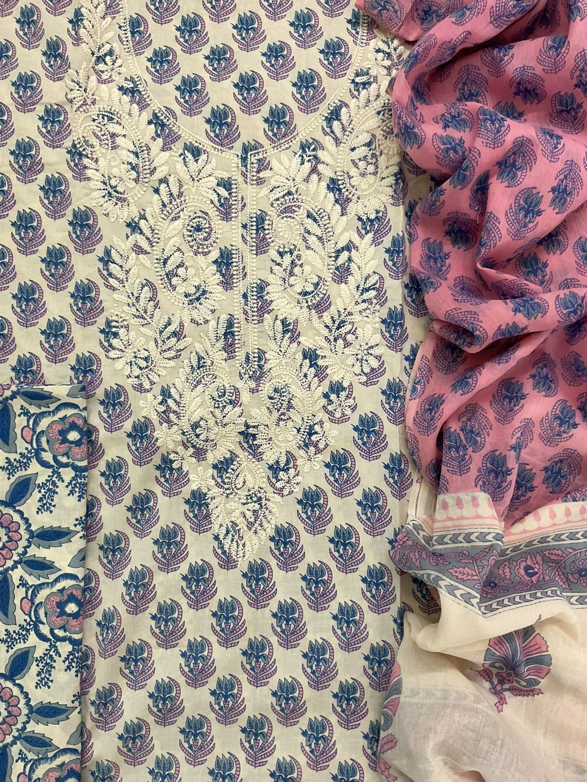 Pure Cotton Printed Embroidered Suit - Cream