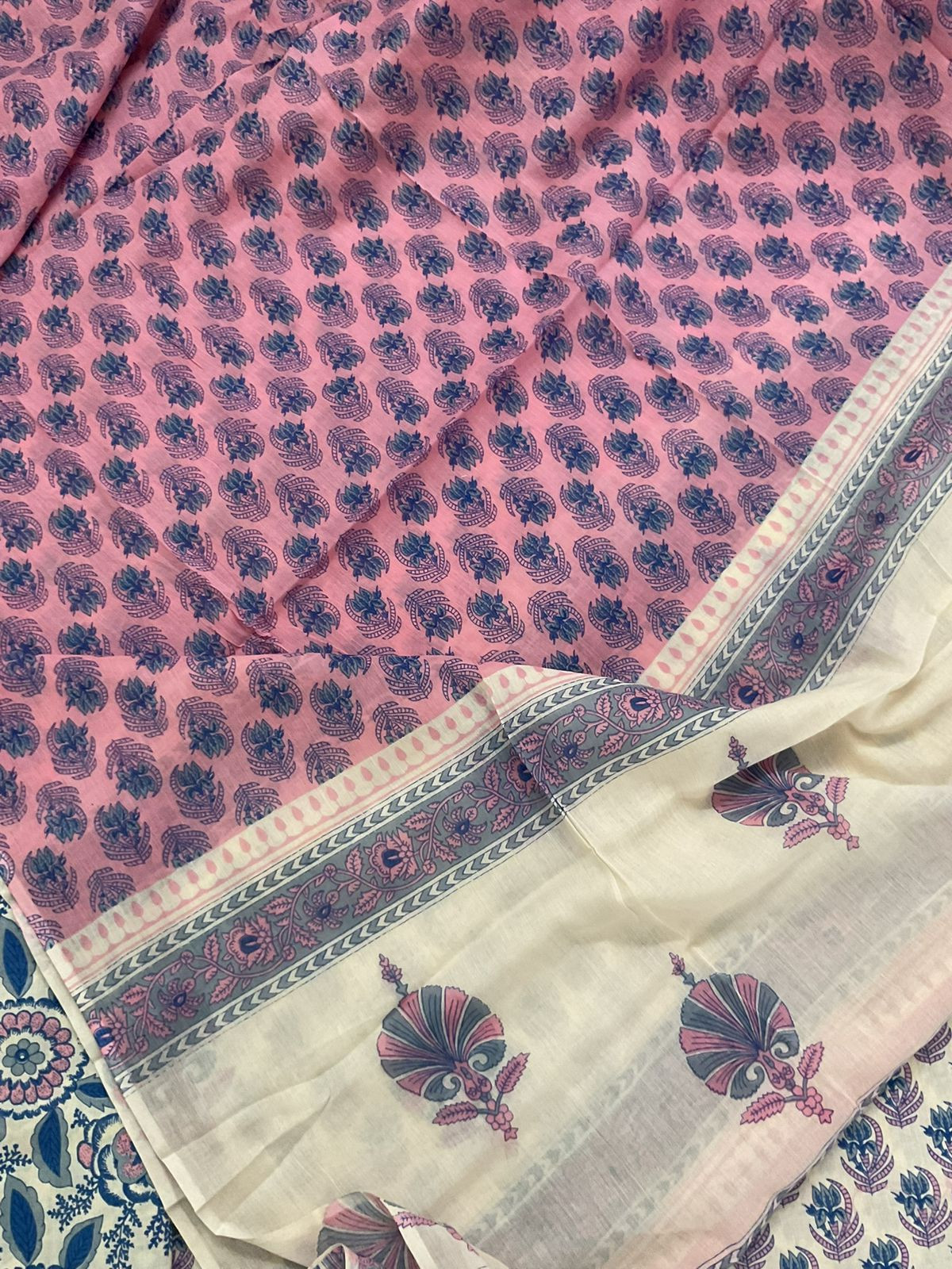 Pure Cotton Printed Embroidered Suit - Cream