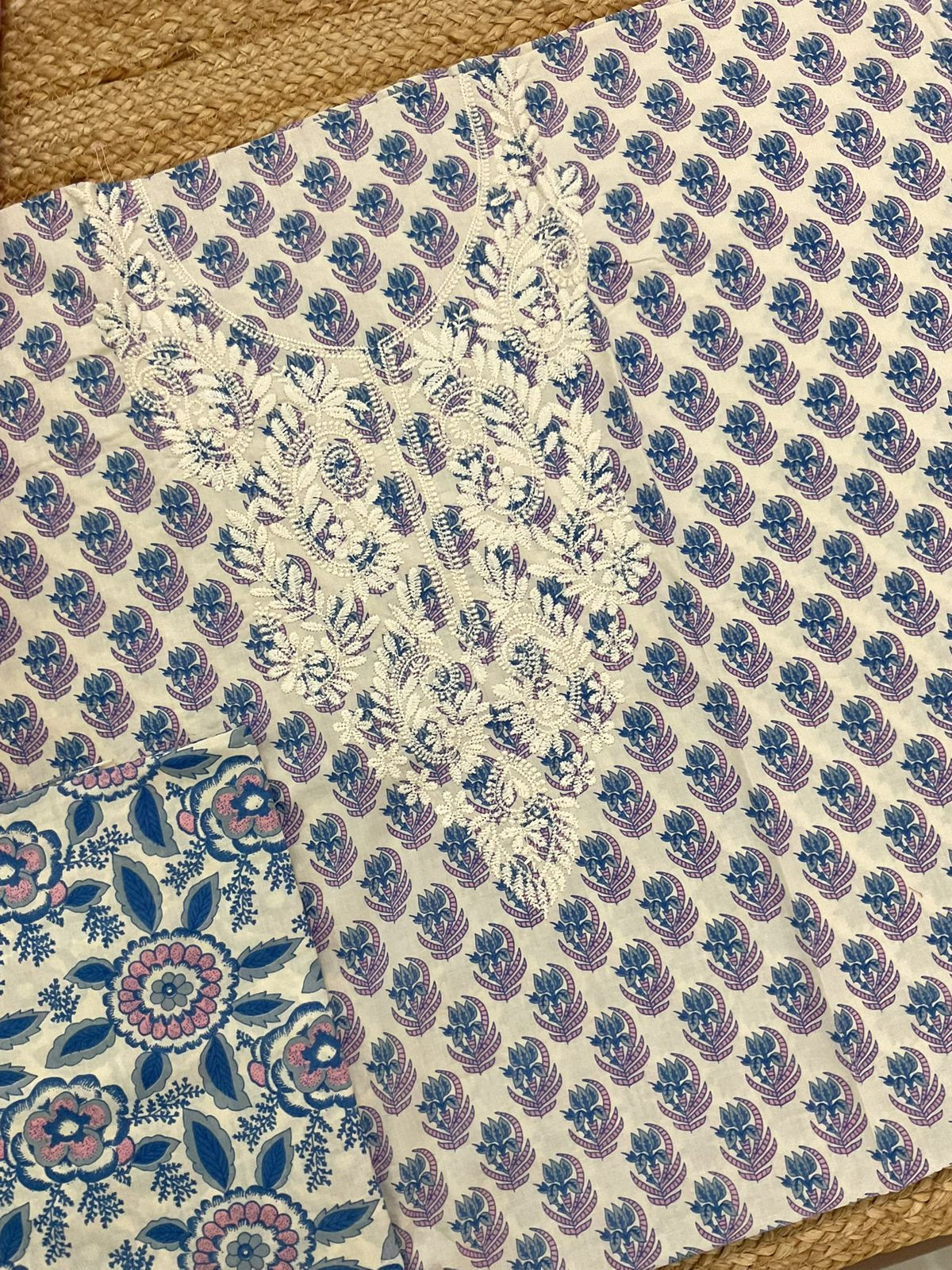 Pure Cotton Printed Embroidered Suit - Cream