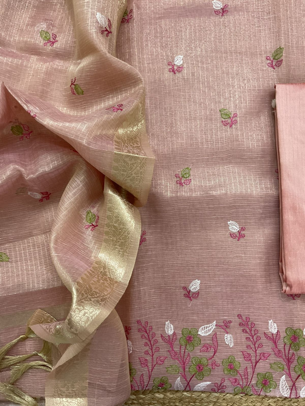 Soft Tissue Kota Silk Embroidered Suit - Pink