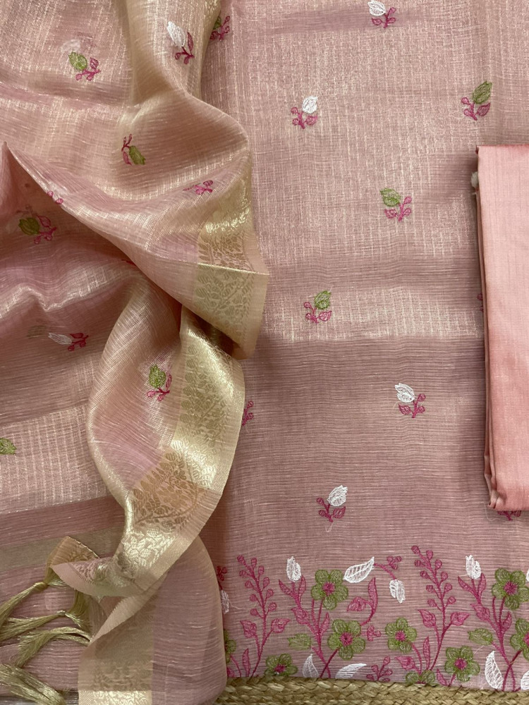 Image of Soft Tissue Kota Silk Embroidered Suit - Pink