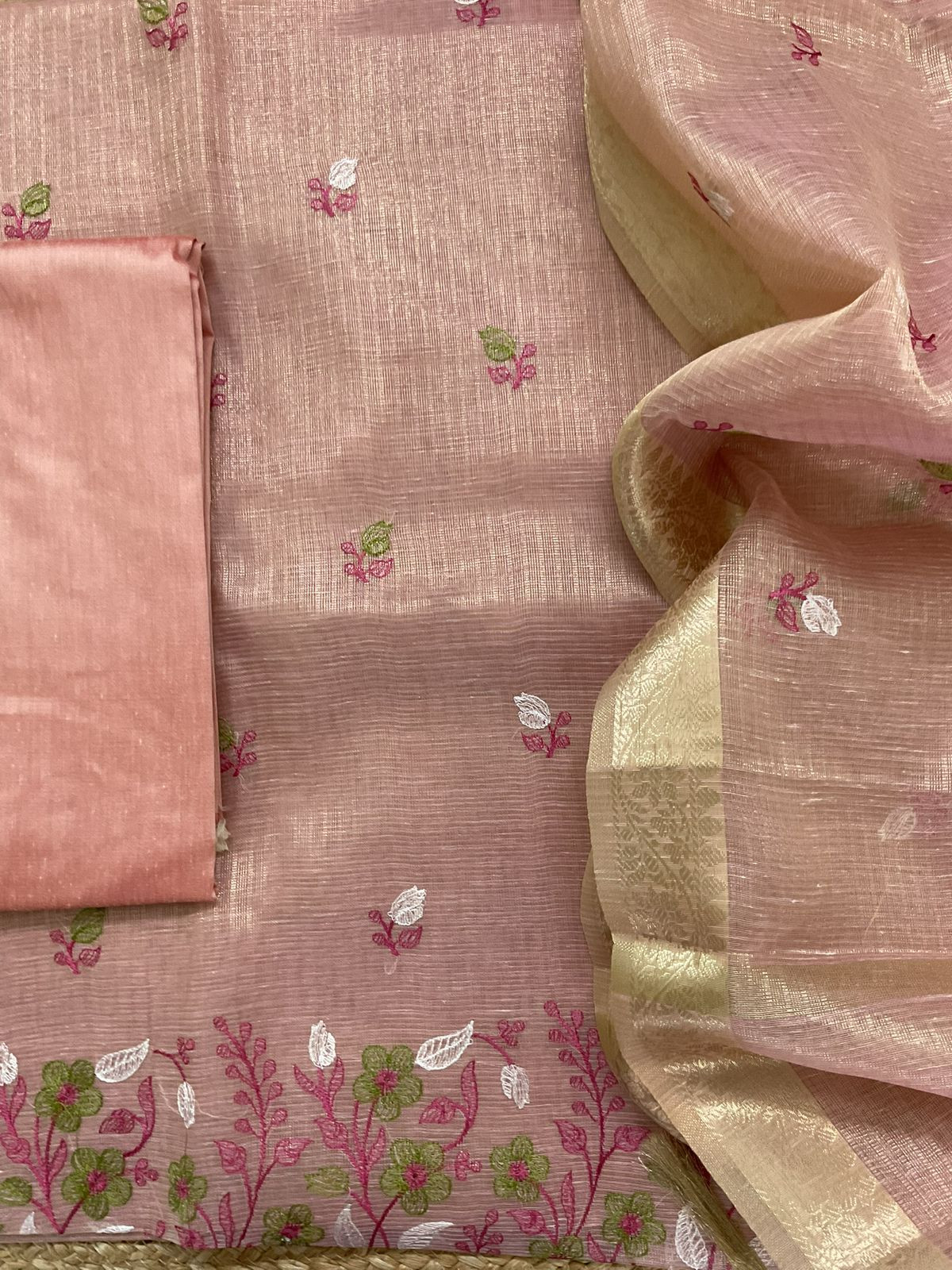 Soft Tissue Kota Silk Embroidered Suit - Pink