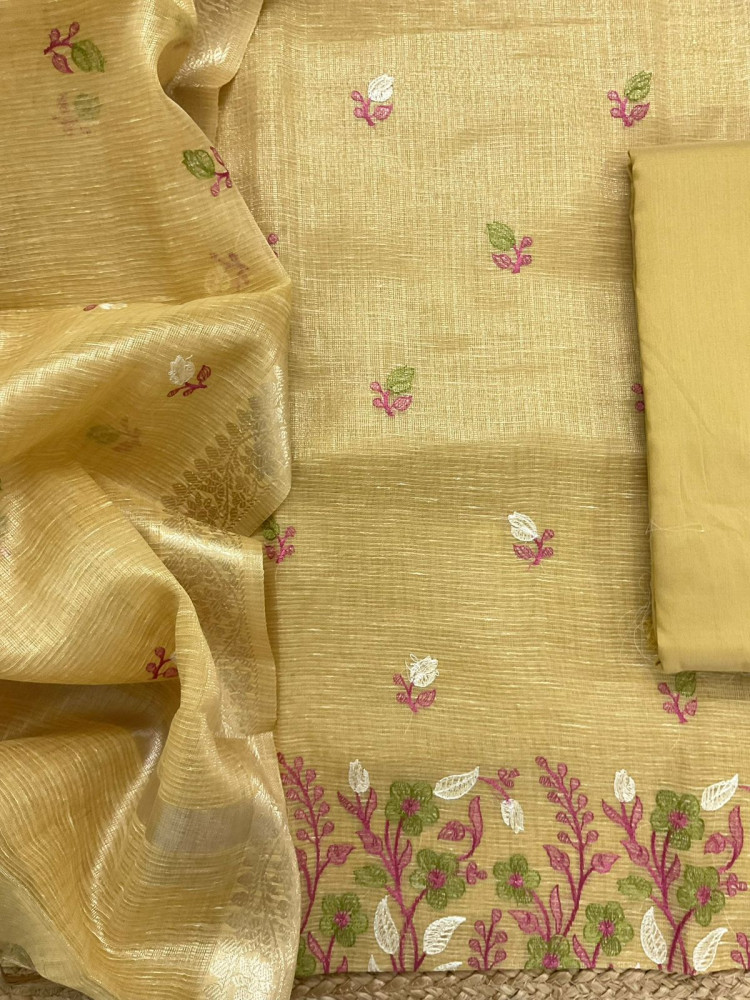 Image of Soft Tissue Kota Silk Embroidered Suit - Yellow