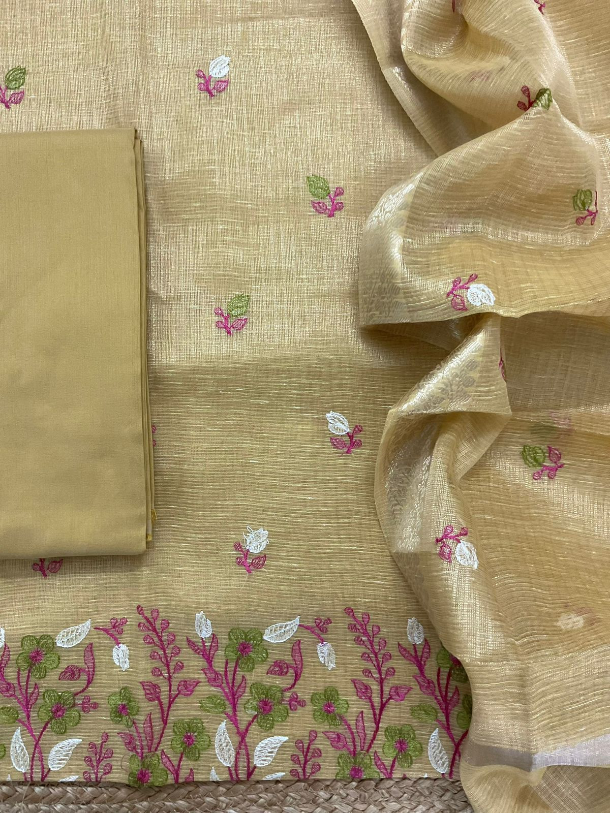 Soft Tissue Kota Silk Embroidered Suit - Yellow