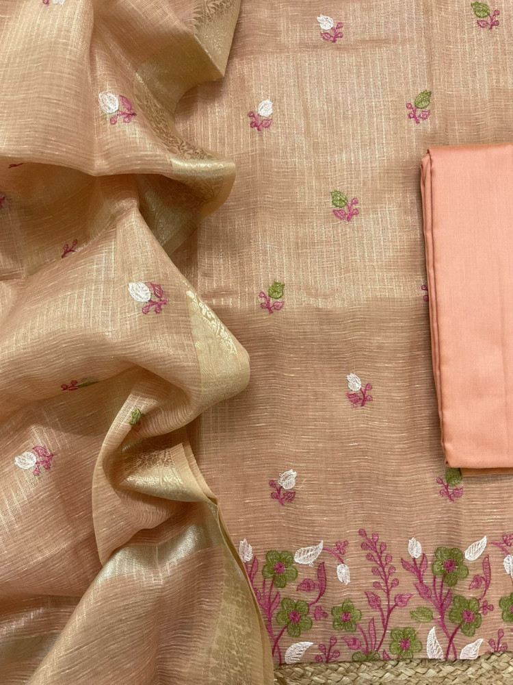 Image of Soft Tissue Kota Silk Embroidered Suit - Peach
