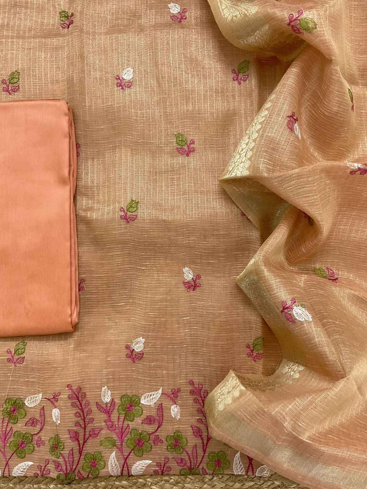Soft Tissue Kota Silk Embroidered Suit - Peach