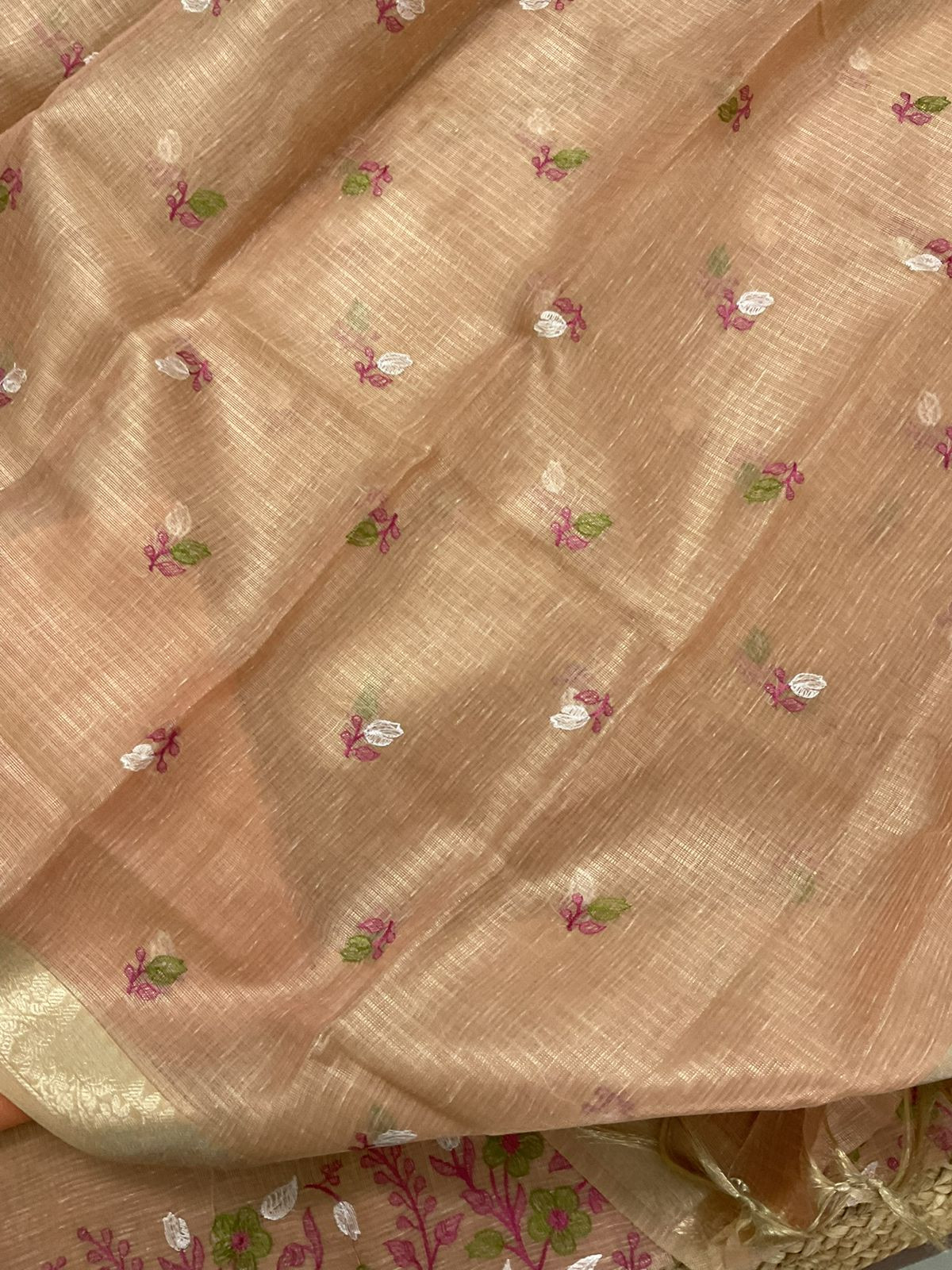 Soft Tissue Kota Silk Embroidered Suit - Peach