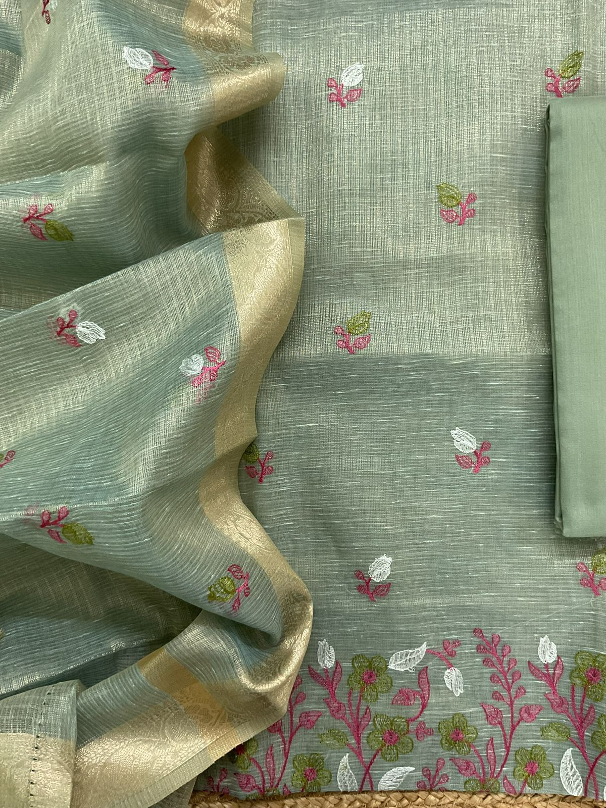 Soft Tissue Kota Silk Embroidered Suit - Green