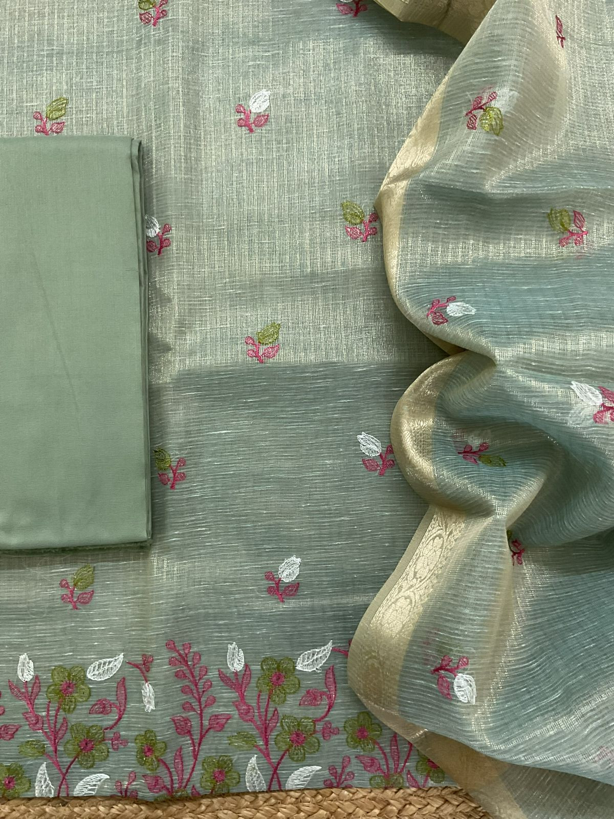 Soft Tissue Kota Silk Embroidered Suit - Green