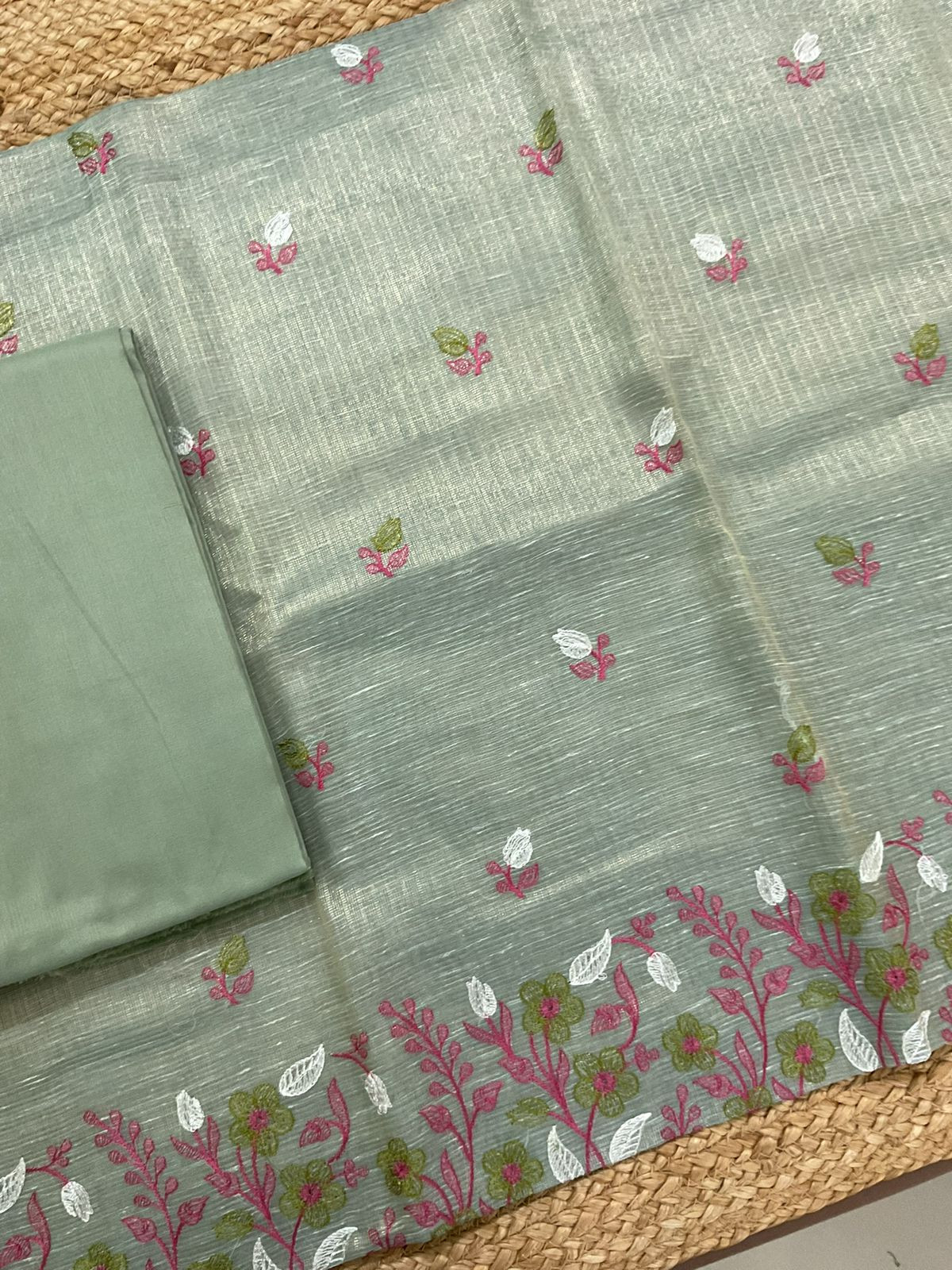 Soft Tissue Kota Silk Embroidered Suit - Green