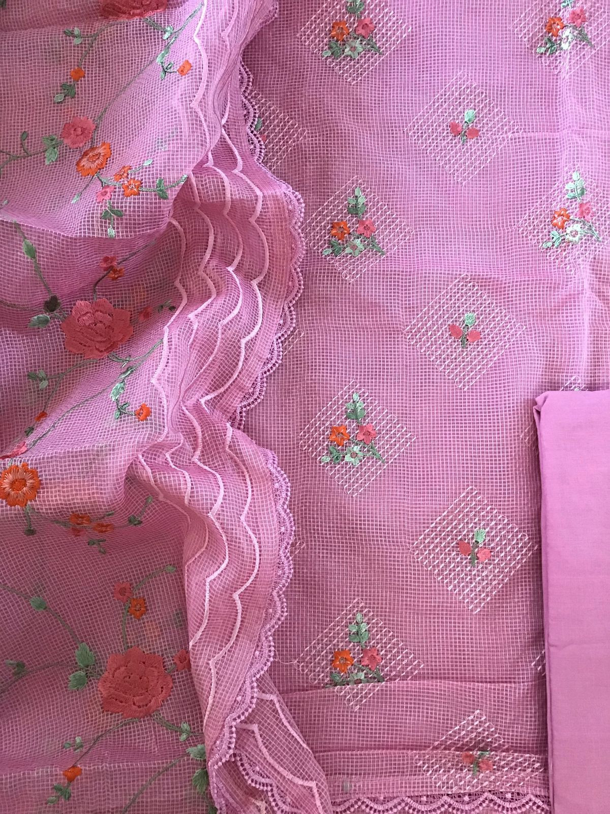 Soft Fine Supernet Embroidered Suit - Pink