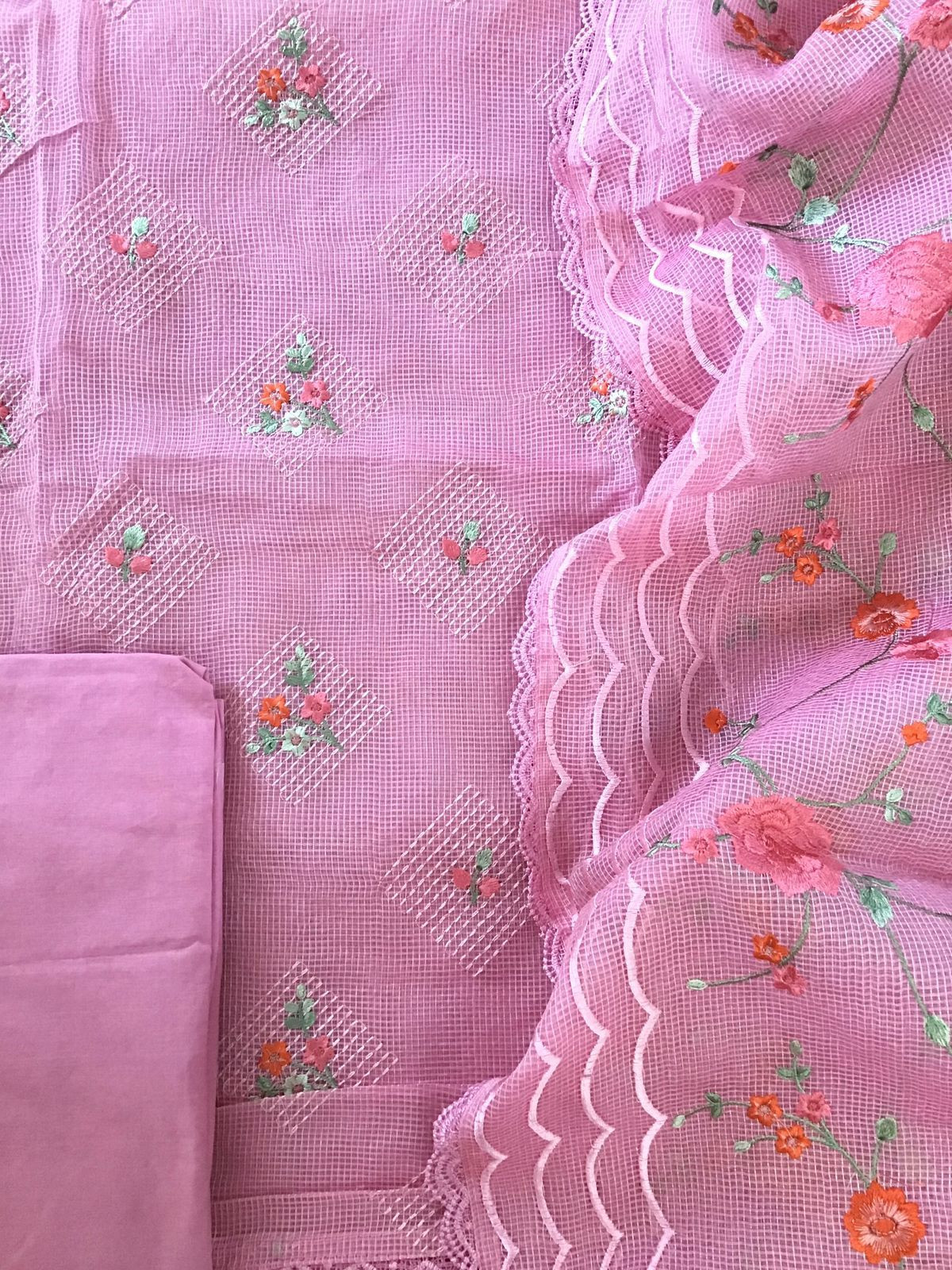 Soft Fine Supernet Embroidered Suit - Pink