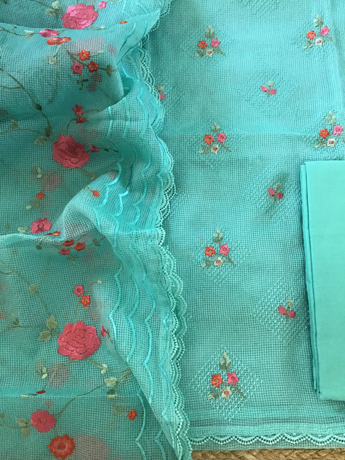 Soft Fine Supernet Embroidered Suit - Sea Green