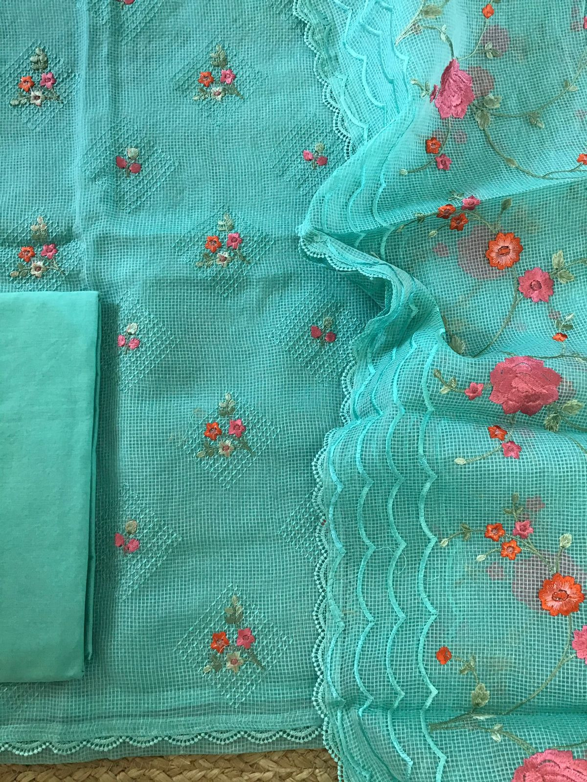 Soft Fine Supernet Embroidered Suit - Sea Green