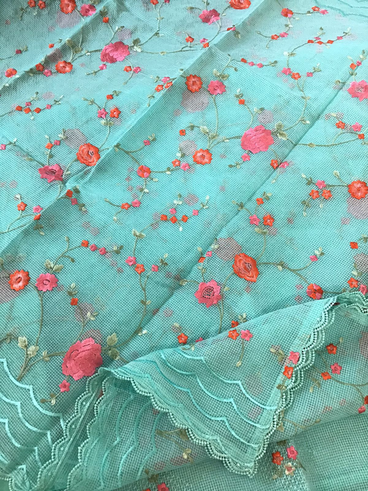 Soft Fine Supernet Embroidered Suit - Sea Green