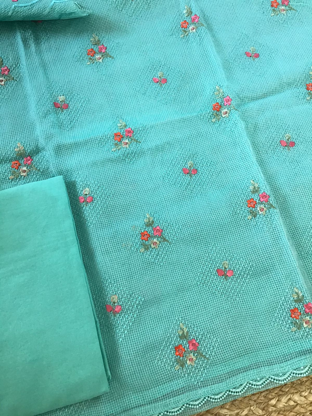 Soft Fine Supernet Embroidered Suit - Sea Green