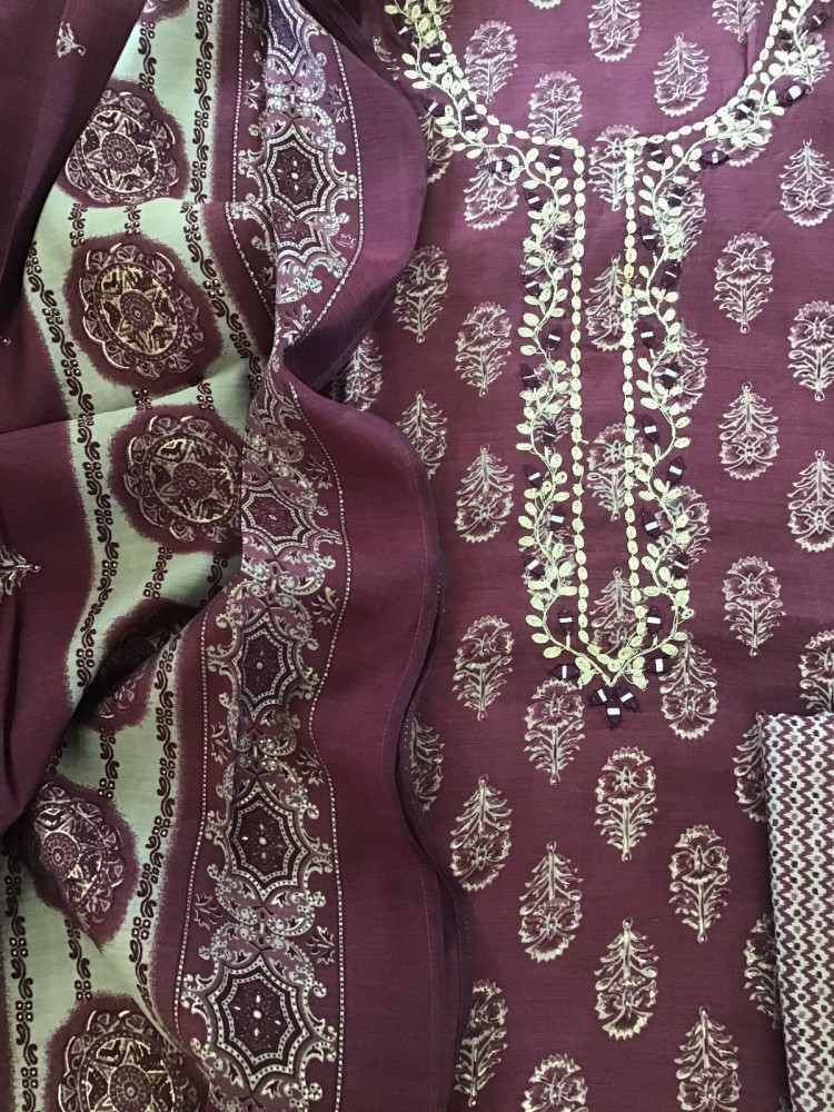 Image of Soft Muslin Printed Embroidered Suit - Wine