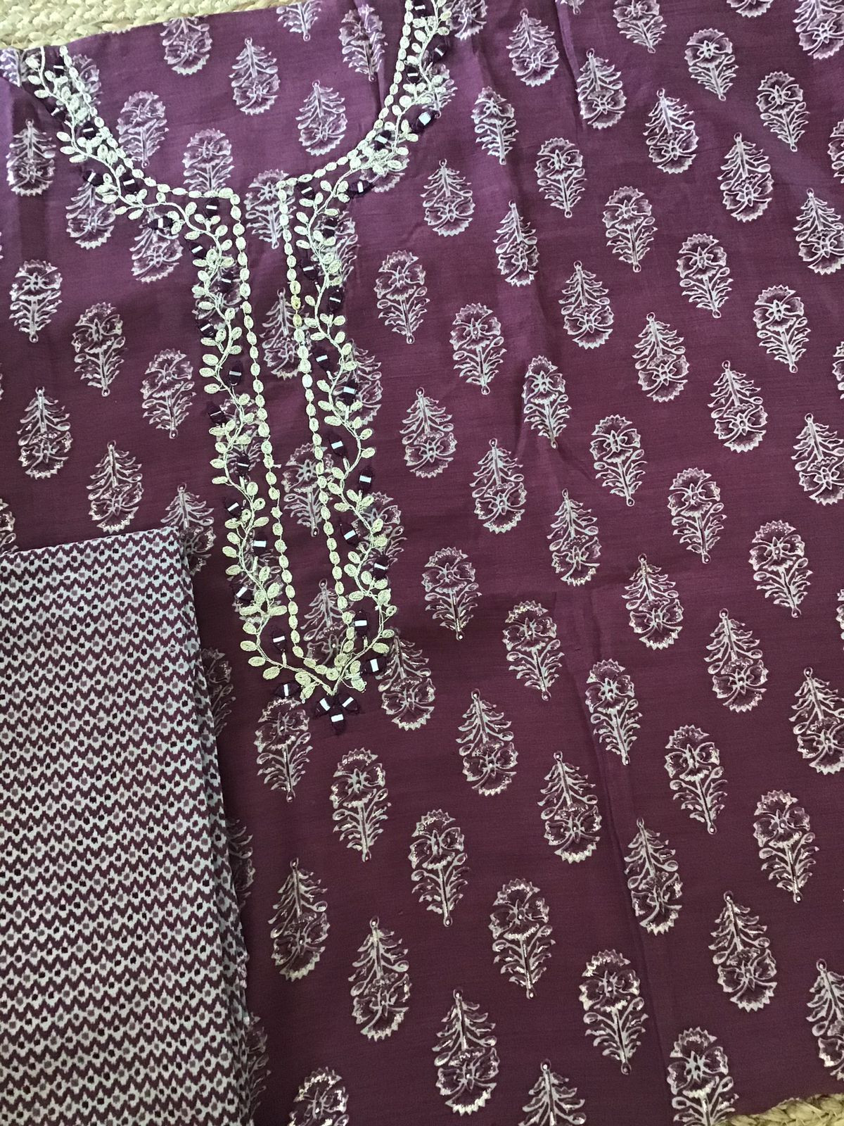 Soft Muslin Printed Embroidered Suit - Wine