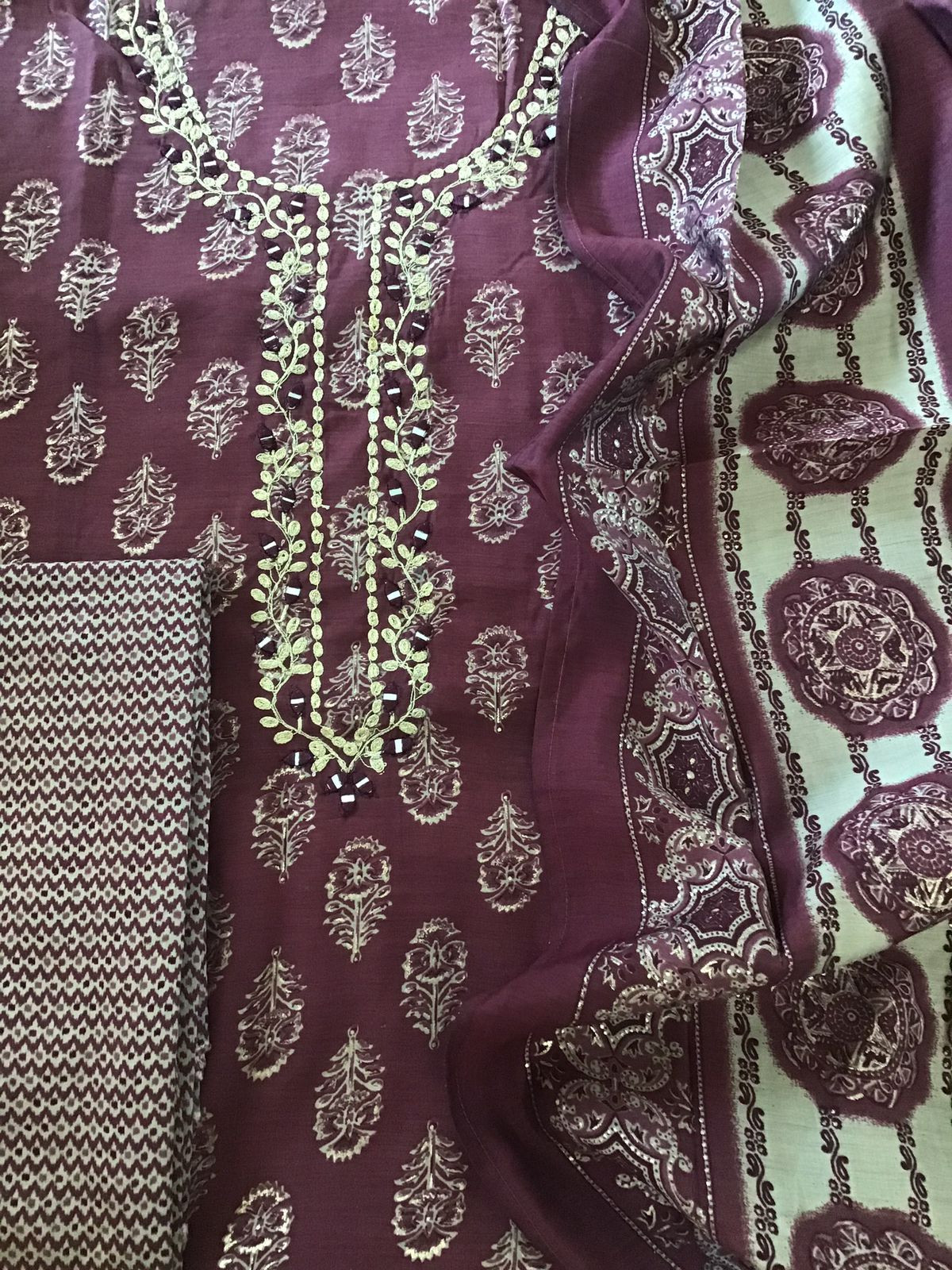 Soft Muslin Printed Embroidered Suit - Wine