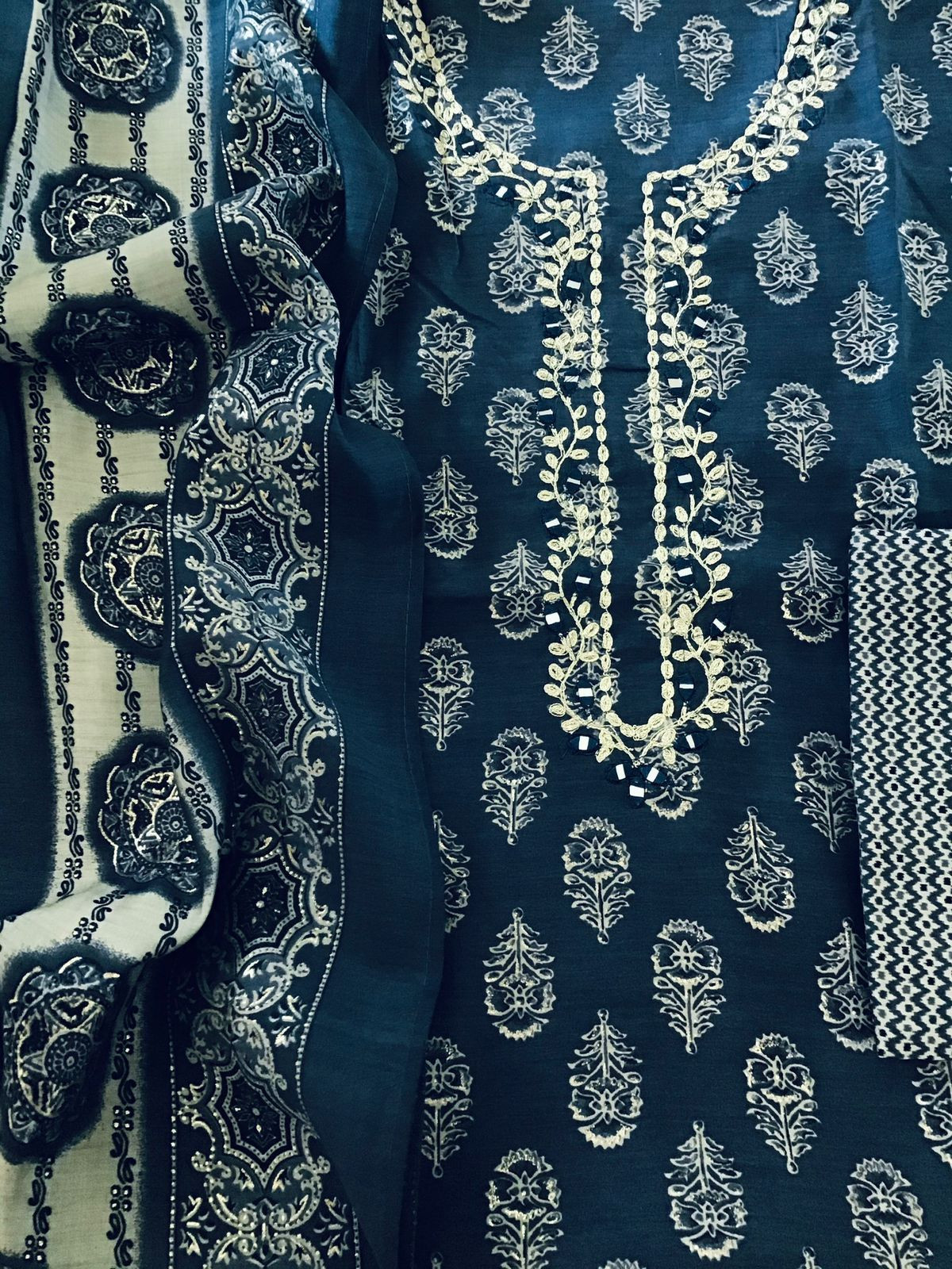 Soft Muslin Printed Embroidered Suit - Blue