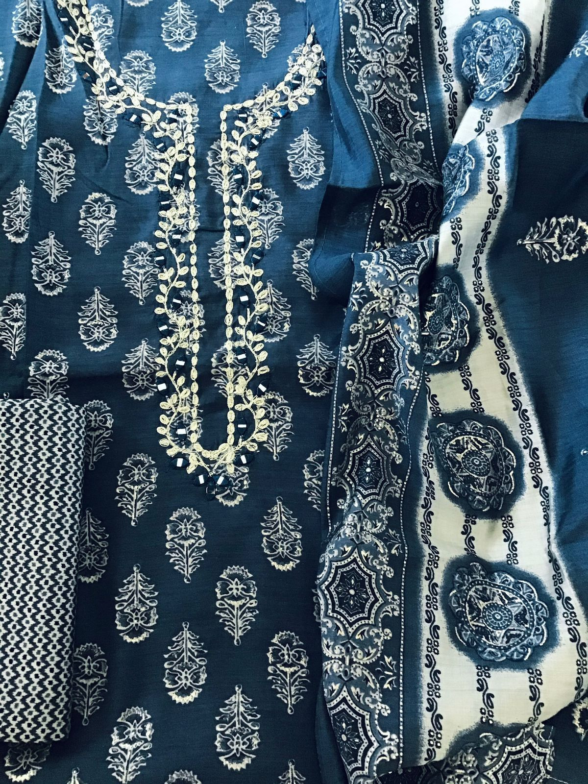 Soft Muslin Printed Embroidered Suit - Blue