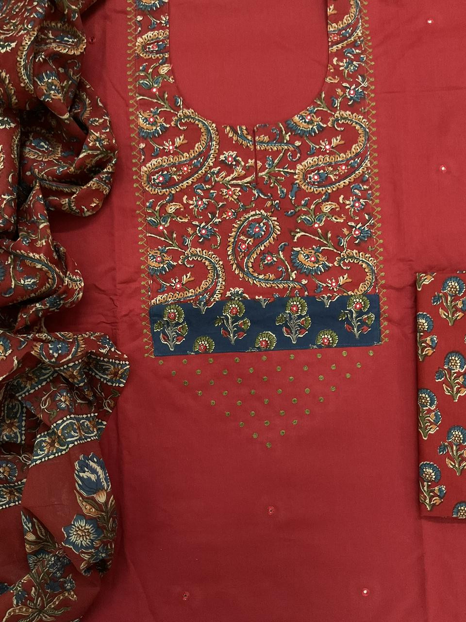 Pure Cotton Printed Embroidered Suit - Red