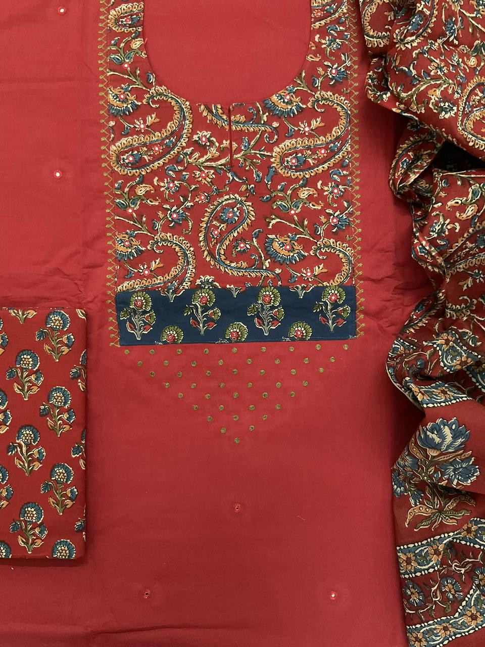 Pure Cotton Printed Embroidered Suit - Red