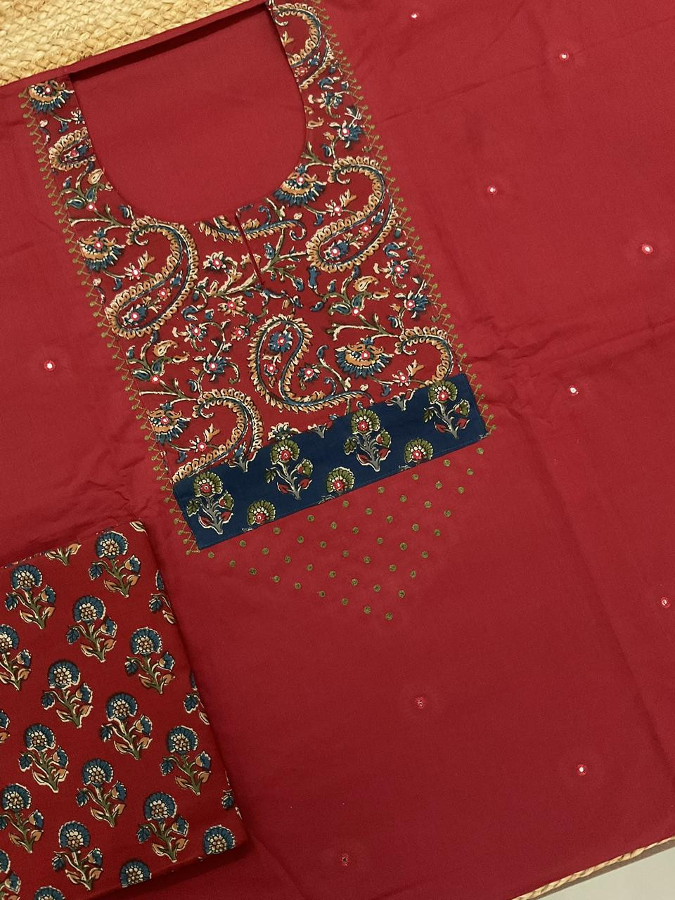 Pure Cotton Printed Embroidered Suit - Red
