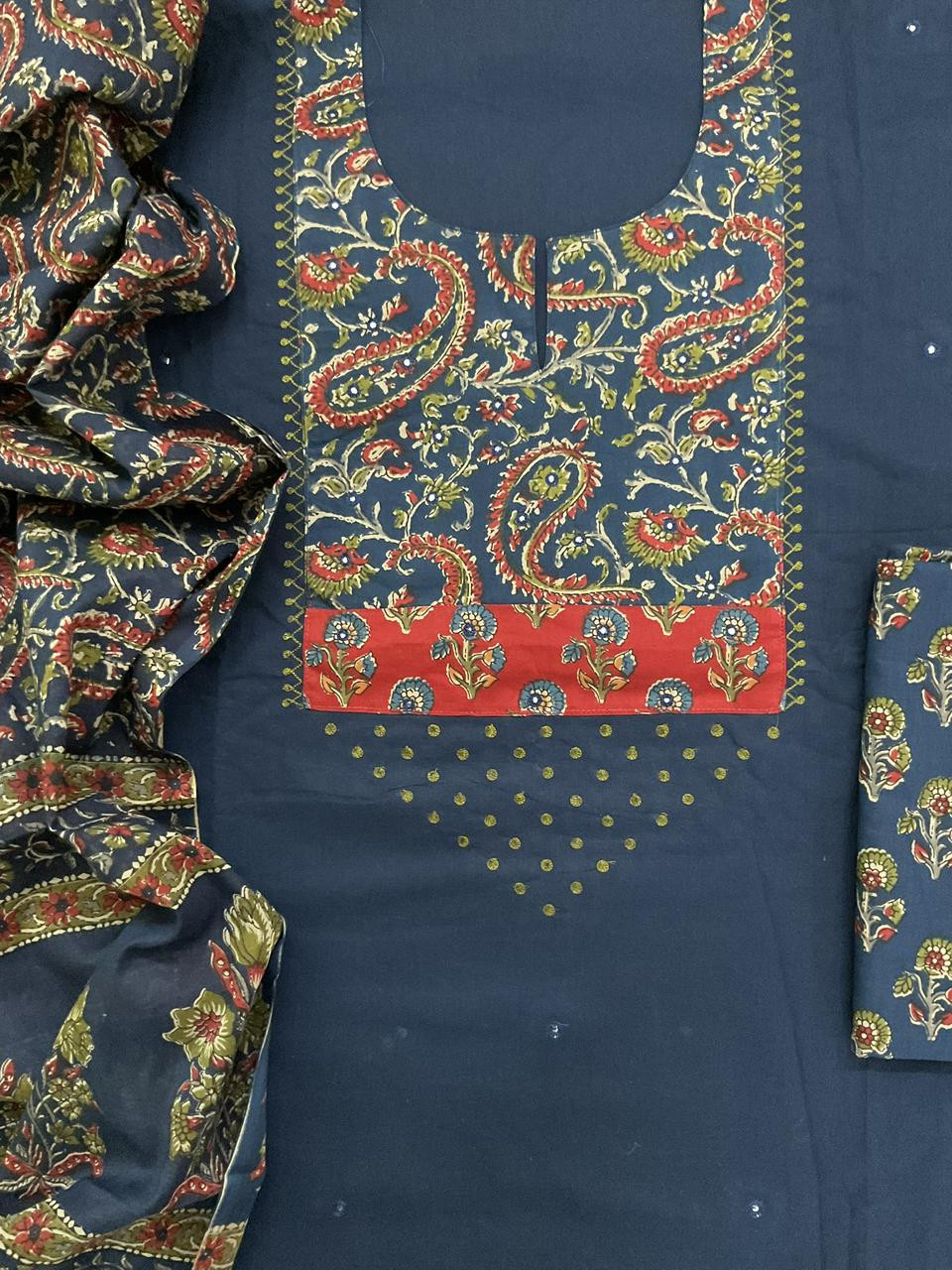 Pure Cotton Printed Embroidered Suit - Blue