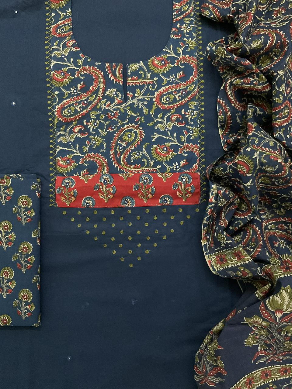 Pure Cotton Printed Embroidered Suit - Blue