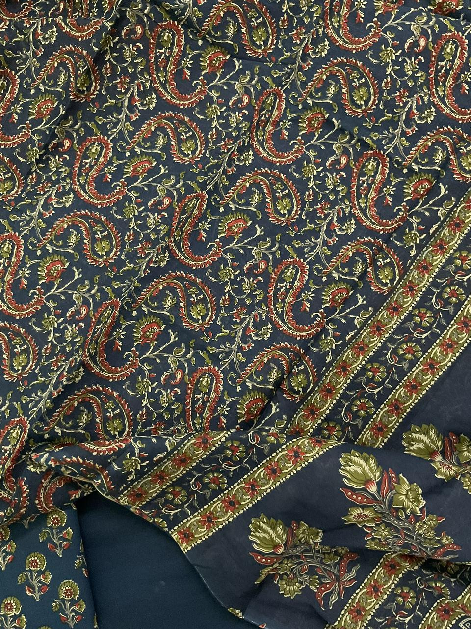 Pure Cotton Printed Embroidered Suit - Blue