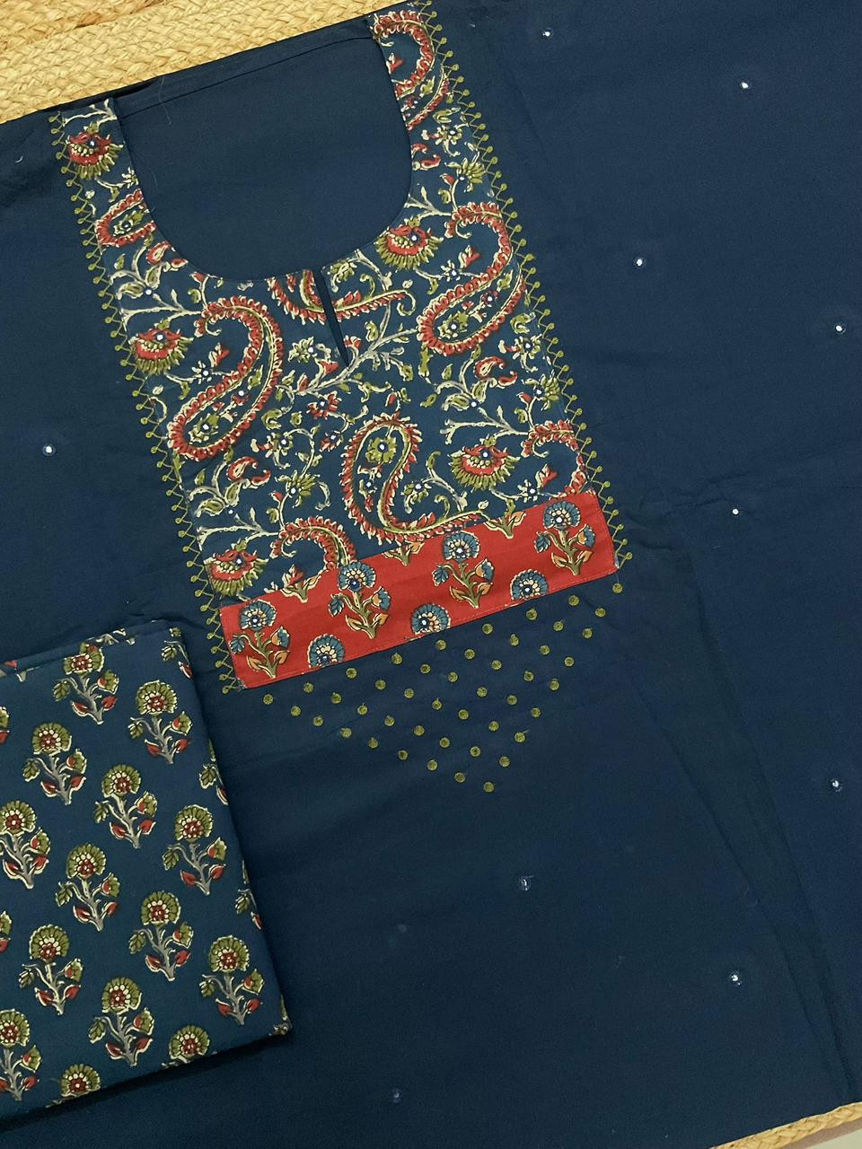 Pure Cotton Printed Embroidered Suit - Blue