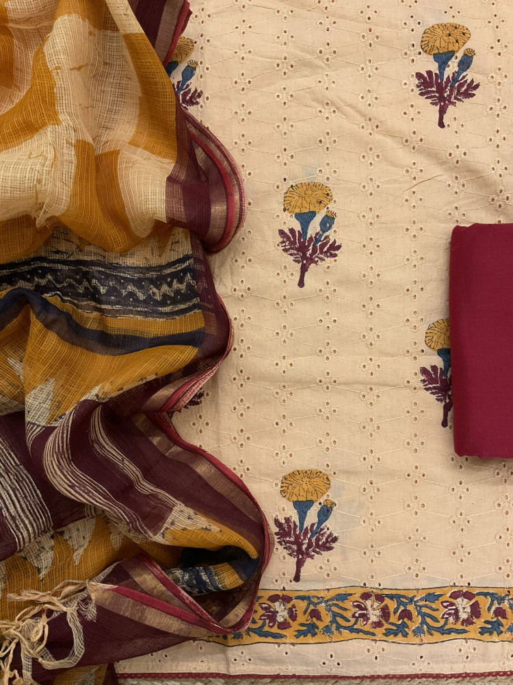 Image of Pure Hakoba Cotton Block Printed Embroidered Suit - Peachish Beige