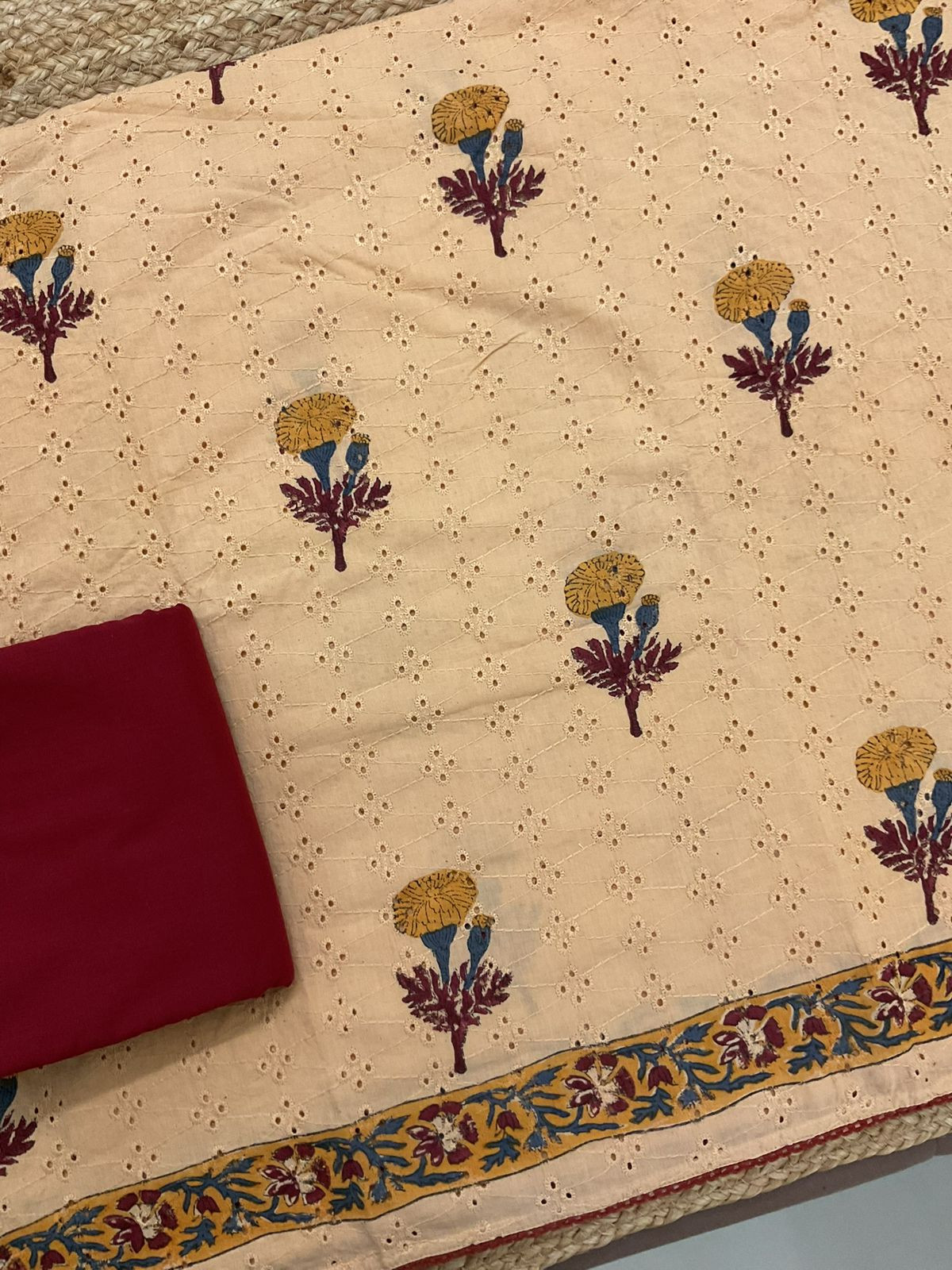 Pure Hakoba Cotton Block Printed Embroidered Suit - Peachish Beige