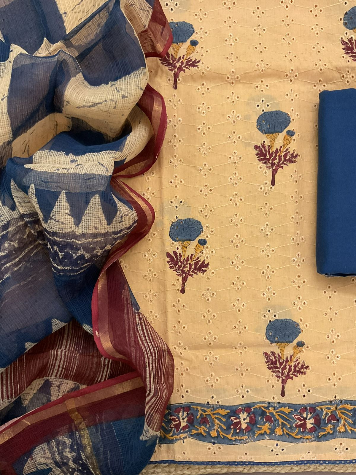 Pure Hakoba Cotton Block Printed Embroidered Suit - Peachish Beige