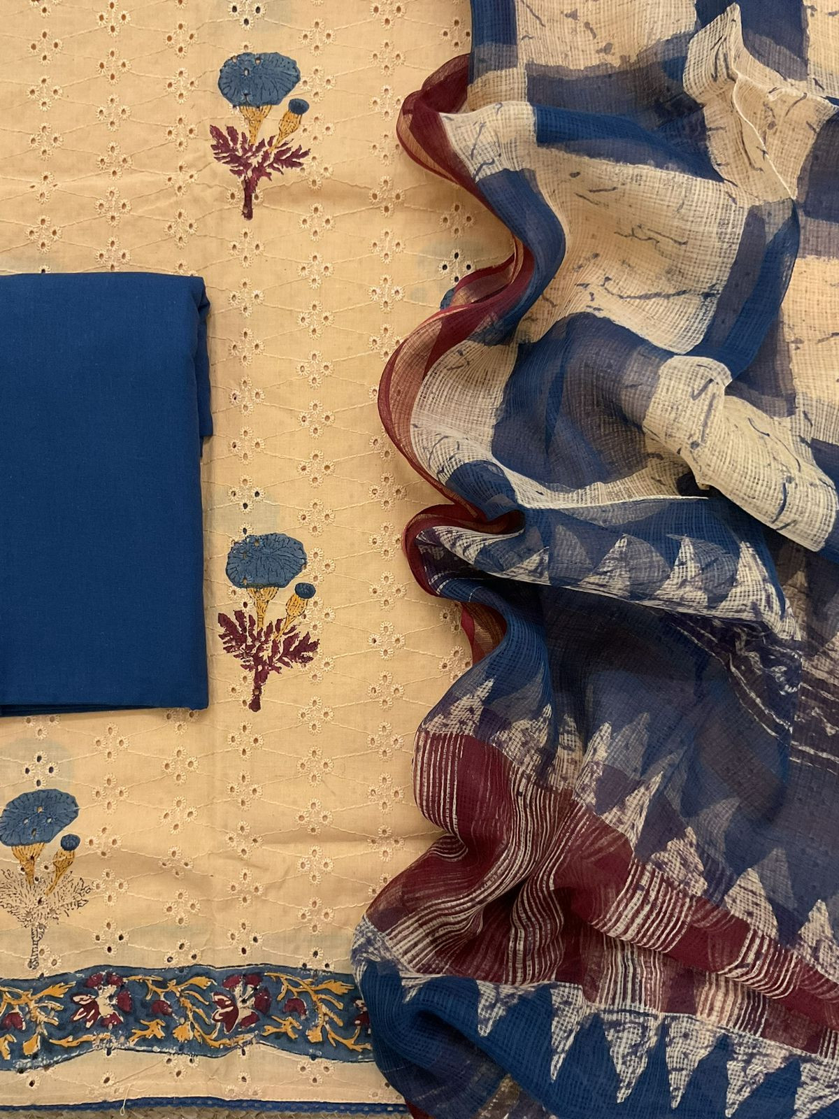 Pure Hakoba Cotton Block Printed Embroidered Suit - Peachish Beige