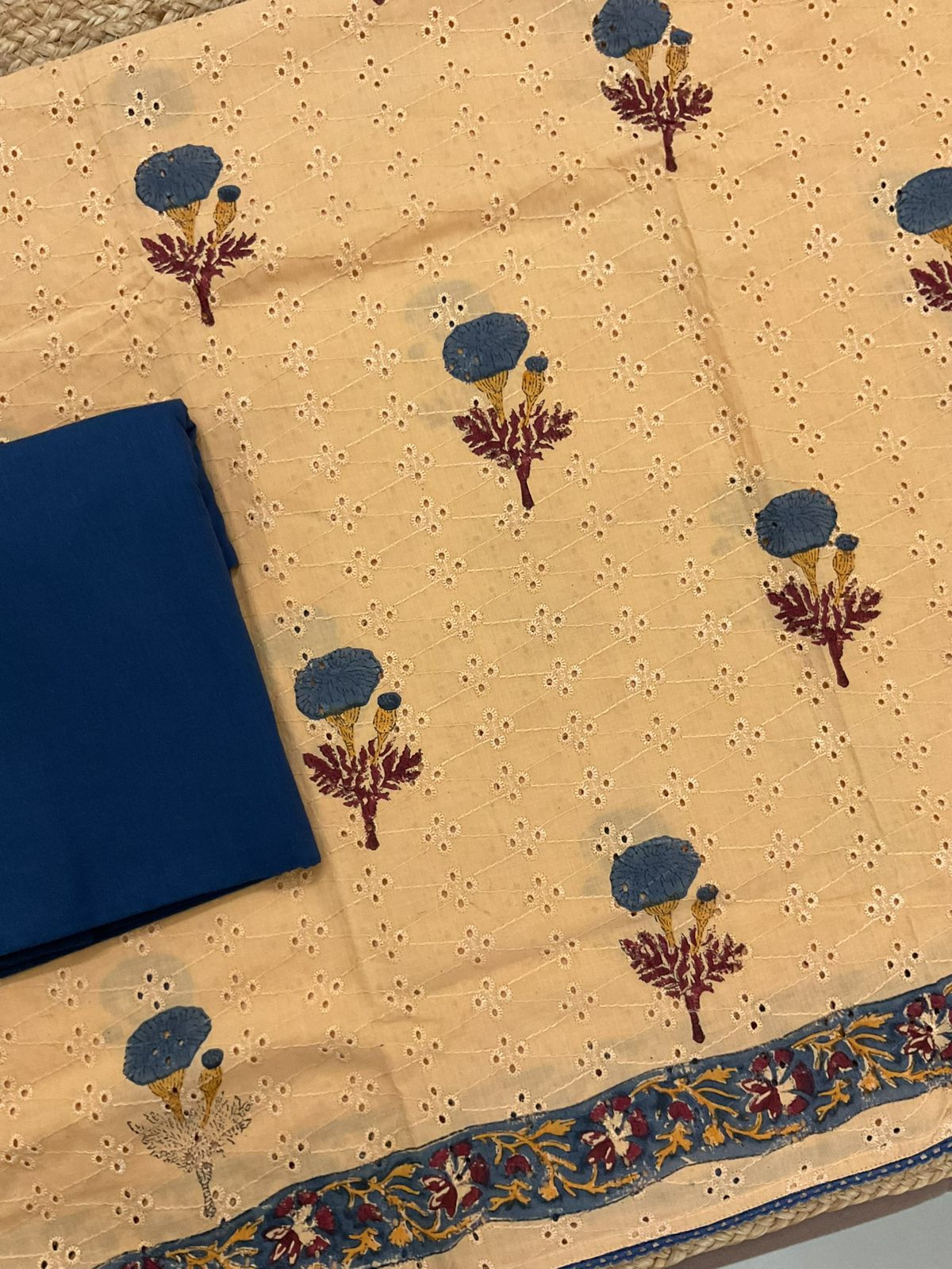 Pure Hakoba Cotton Block Printed Embroidered Suit - Peachish Beige