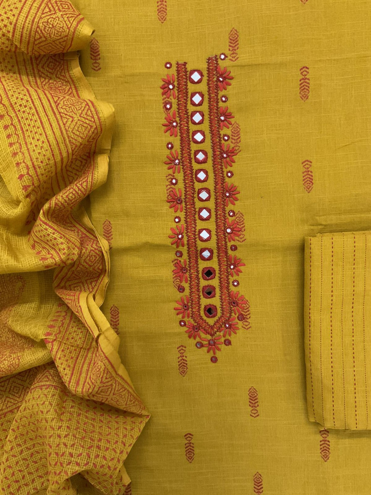 Image of Pure Handloom Cotton Self Weaved Printed Embroidered Suit - Yellow
