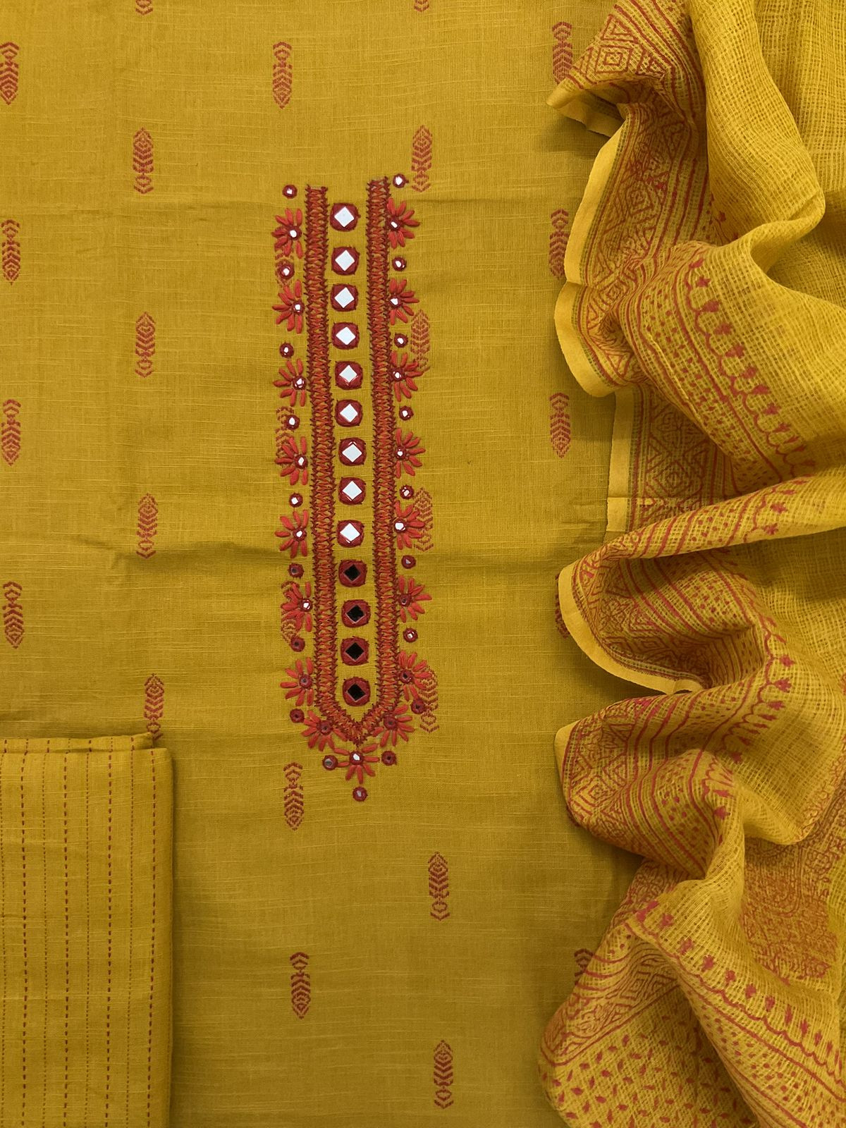 Pure Handloom Cotton Self Weaved Printed Embroidered Suit - Yellow
